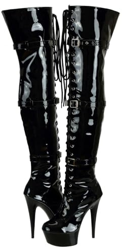 SheSole Ladies Patent Leather Thigh High 15CM Stiletto Heel Dancer Boots with Zipper Lace Up Club Party Cosplay Shoes Black Size 12