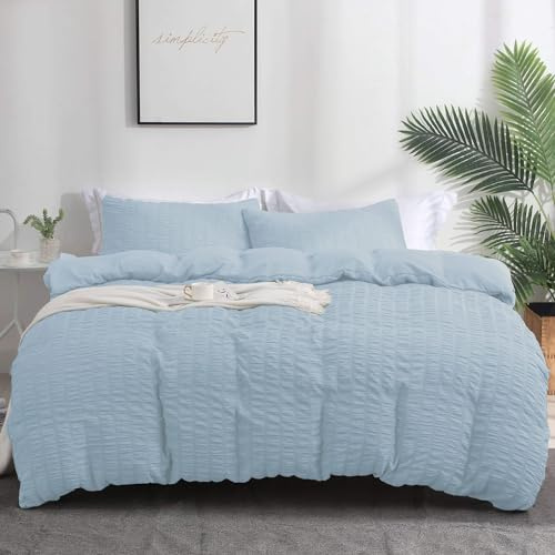 Boqingzhu Seersucker Bettwäsche Blau 200x200cm Sommer Atmungsaktiv Kühlende Wende Bettwäsche Set Bettbezug 200x200cm und 2 Kissenbezüge 80x80cm mit Reißverschluss