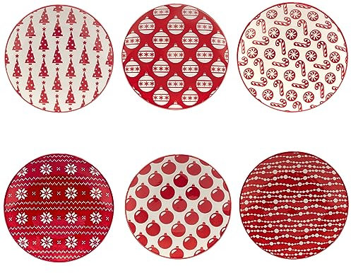 Certified International Peppermint Candy 6 Luncheon/Canape Plates, Set of 6 Assorted Designs, Multicolor, Small