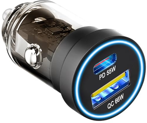 Adattatore per caricabatterie da auto USB C, 121 W [PD55W e QC66W] 12 V per accendisigari da auto, adattatore con 2 porte per ricarica rapida per iPhone 16 Pro Max 15, Samsung Galaxy S25, iPad e