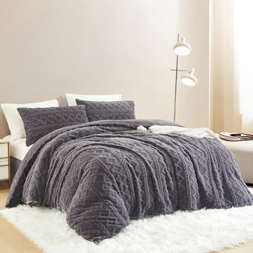 Nayoroom Bettwäsche Flanell 155x220 Winter Warme Kuschel Bettbezug Flauschig Fleece Cashmere Touch Plüsch Winterbettwäsche Set mit Reißverschluss - 155 x 220 + 80 x 80 cm Grau