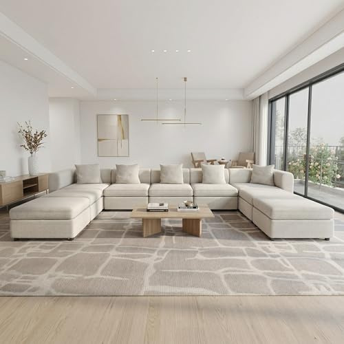 Miuuod Canapé-lit sectionnel surdimensionné L/U 9 places, 5 places avec 4 ottomans, confortable, lit velours beige 466 cm