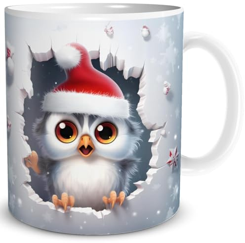 TRIOSK Weihnachtstasse 3D Illusion Eule mit Weihnachtsmotiv Becher-Durchbruch - Lustige Geschenkidee für Frauen, Eulenliebhaber, Männer & Kollegen - Keramik-Tasse 300 ml