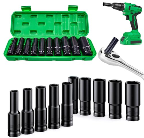 HEKOBAG 10 PCS Deep Impact Socket Set 1 2 Drive | 10-24mm Metric Drive Deep Socket Set with Heavy Duty Storage Box Case for Home Car Repair Maintenance & DIY Projects