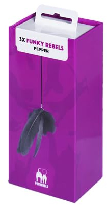 Petrebels Kratzbaum Spielzeug für Katzen, 3 Stück in Geschenkbox, Spielball mit Feder zur Montage am Kratzbaum, Funky Rebels Federbälle, Farbe Schwarz