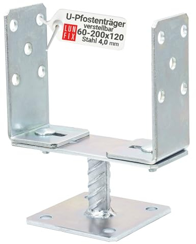LUN FIX Pfostenträger Verstellbar 60-200 mm 4,0 mm Silber Verzinkter Stahl | U-Form, Aufschrauben, Pfostenanker, Stützenfuß, Balkenschuh, Pfostenschuh Für Holzpfosten Und Zaunpfosten