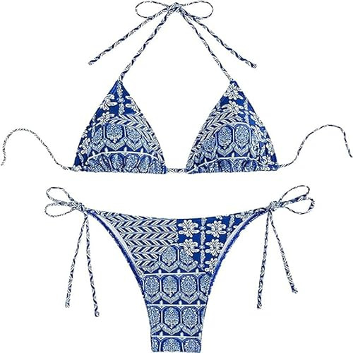 Ensemble bikini pour femme - Imprimé floral - Taille haute - Deux pièces - Sexy - Triangle - Dos nu - String à nouer, bleu, Taille S