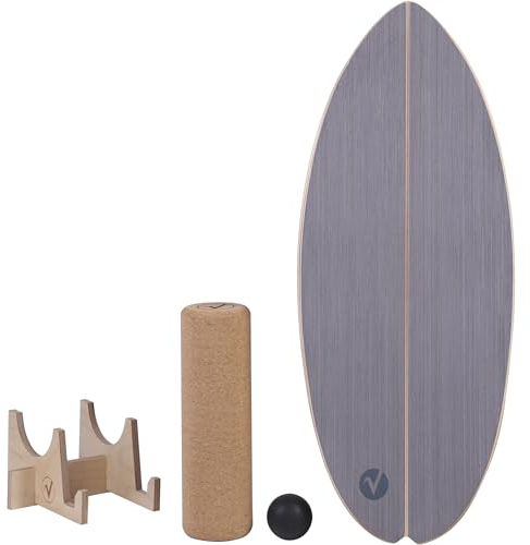 valuents Balance Board aus Holz in Stone Grey – mit abgerundeten Ecken – inkl. Rolle für Neuromuscular Response Training +Plus: Halterung & Ball