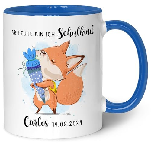 GRAVURZEILE Bedruckte Tasse für Kinder - mit eigenem Namen und Datum - Ab heute Schulkind - Geschenk zur Einschulung - Für Jungen und Mädchen - für die Schultüte und zum Schulanfang - Blau