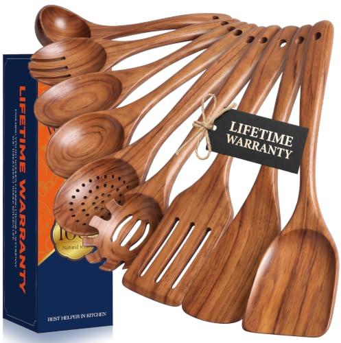 YTYOTO Wooden Utensil Set, Natural Teak Wooden Kitchen Utensils Set, Essential Wooden Spoons for Cooking (9Pcs)