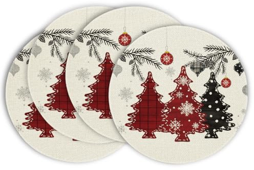 Artoid Mode Rot Kiefer Bäume Weihnachten Runde Platzsets 4er Set, 37cm Winter Xmas Tischset Platzdeckchen Küche Party Deko