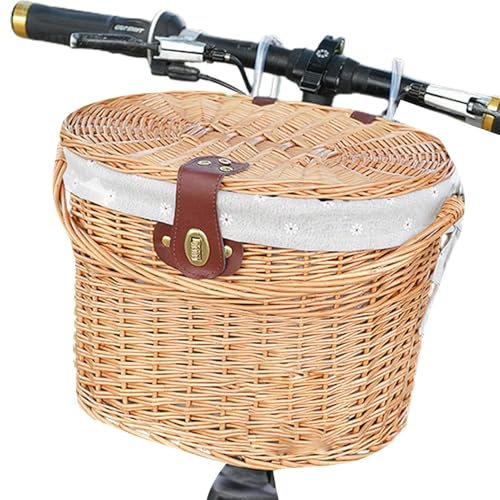 Rattan Korb - D Form Einkaufskorb, Natur Fahrrad Geflochtener Korb | Abnehmbarer Fahrradlenker Aufbewahrungskorb, Beach Cruiser Korb mit Abdeckung und Lederband, für Einkaufen, Picknick