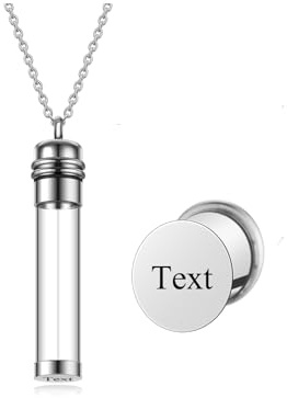 PiercingJak Personalisierter Memorial Urnen Anhänger mit Gravur Zylinder Glas Flasche Kettenanhänger für Asche Haare Befüllbar Locket Kette Edelstahl Halskette Charms Gedenken Schmuck