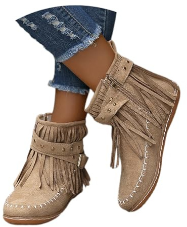 Fringe Stövletter Med Nitar Dam Retro Western Cowboy Stövlar Höst Vinter Mocka Stövlar Med Spänne Fritid Platta Ankelskor for Utomhusbruk(Brown,41 EU)