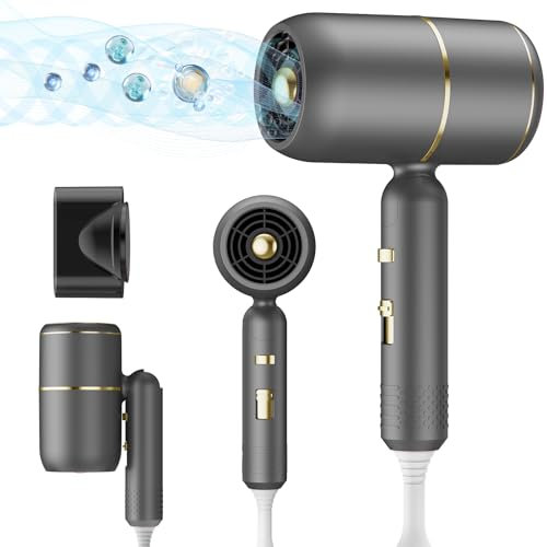 Asciugacapelli ionico professionale, asciugacapelli da viaggio pieghevole da 2000 W, 3 temperature/2 velocità. Asciugacapelli da salone con bocchetta per lo styling (oro grigio)