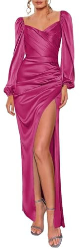 HPPEE Vestidos de dama de honor de satén para mujer, plisados, con abertura lateral, manga larga, vestido formal de graduación, fucsia, 40