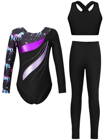 FEESHOW Mädchen Turnanzug Langarm Mit Langer Hose Langarm Patchwork Trikot Crop Tank Top Und Leggings 3er Kinder Tanzkleidung Schwarz&Lila 110-116