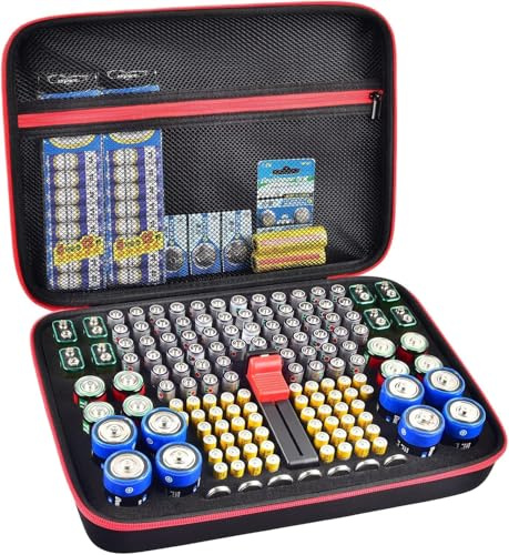 GWCASE 150+ Battery Organizer with Tester for Families, Home & Garage | Holds AA, AAA, 9V, C, D Coin Batteries in Separate Slots, Keep Neat, Easy to Find, Hard Shell Protection, Zipper Carry Design