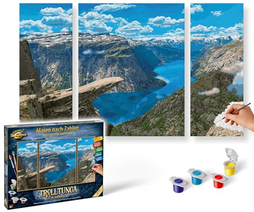 Schipper 609260922 måla efter siffror – Trolltunga i Norge – måla bilder för vuxna, inklusive borstar och akrylfärger, triptyk, 50 x 80 cm