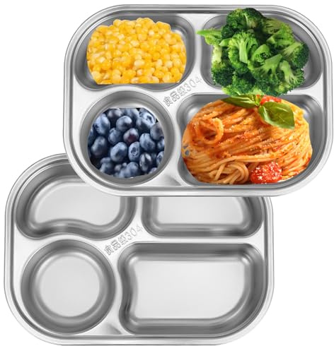 Yanhalo 2-pack uppdelad tallrik, 4 sektioner 304 rostfritt stål uppdelad middagsbricka för vuxna, barn, husbilar, bussform uppdelat fat för lunch, portionskontroll, camping, BPA-fri