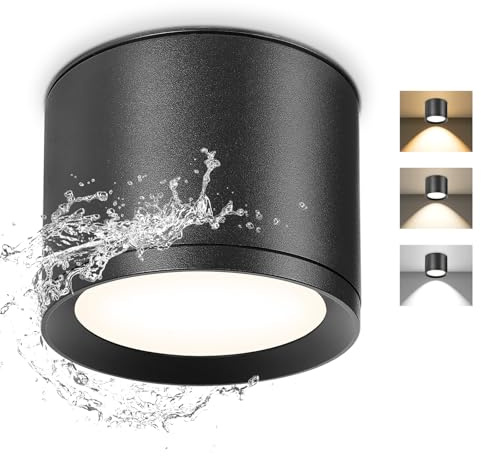 GeyouLux LED Aufbauspot IP44 3CCT Deckenspot Schwarz inkl. 7W 800LM LED Leuchtmittel 3000K/4500K/6500K Aufbauleuchte Aufputz Spots Aufbaustrahler für Badezimmer, Flur, Wohnzimmer Rund 1 Stück