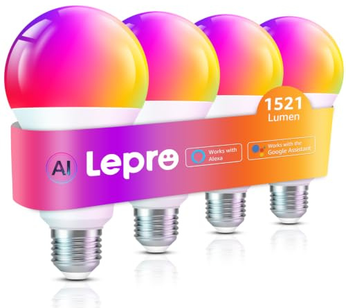Lepro B3 AI Bombilla Inteligente Alexa LED E27 12W RGB Regulable 4 Pieza | Wi-Fi Control de Voz y Sync de Música, Diseñador de Iluminación AI Personalizado, Funciona con Alexa, Google Home