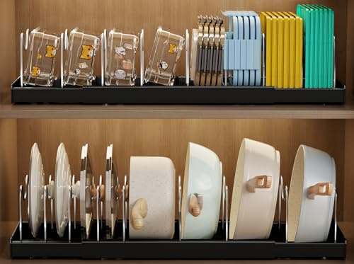 Mustorn 2 Pack Expandable Pan Lid Holder, Anti-scratch Pots and Pans Organiser Retractable Food Container Lid Organisers Pan Organiser with Adjustable 9 Dividers Baking Tray Storage Rack (Black)