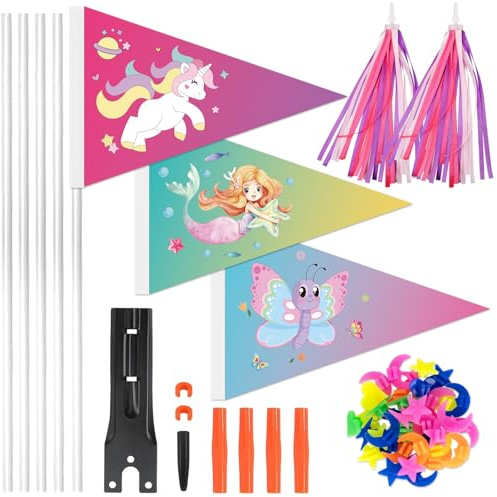YYSWSAKY Fahrradfahne Kinder 3 Stück Fahrradwimpel Kinder Wimpel Fahrradanhänger Fahrrad Fahne Kind mit Metall Fahnenmast Rosa Lenker Quasten Fahrradzubehör für Mädchen