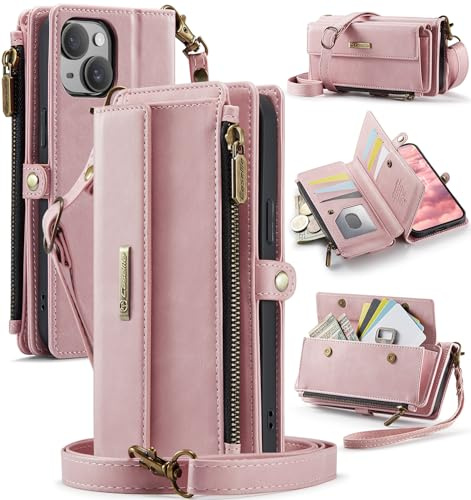 FONREST Compatible with iPhone 15 Crossbody Purse Bag Case, Magnetic Flip Flap PU Leather Wallet Cover w/Kickstand 9 RFID Blocking Card Holders Zip Pocket Lanyard Wrist Strap (Pink)