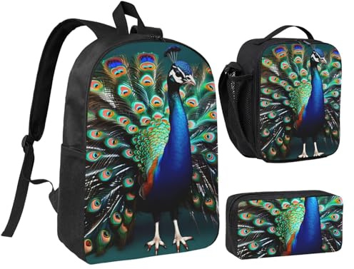 YQxwJL Hermosa mochila con estampado de pavo real de 3 piezas con lonchera y estuche para lápices, para viajes, trabajo, camping, unisex
