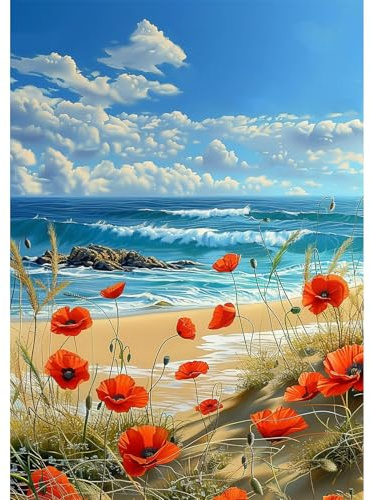 NEWENMO Hermosa Playa Diamond Painting Adultos Kit,DIY Amapolas y Olas Pintura de Diamantes,5D Azul Mar Diamond Art Kit,Bricolaje Dibujo con Diamantes,para Principiantes Decoración Hogar 30x40cm