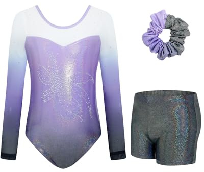 JiAmy Gymnastikanzug Mädchen, Turnanzug Turnshorts Haarband Set Turnanzug Leotard Set für 3-12 Jahre
