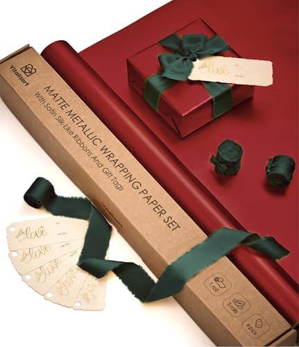 Vitalizart Carta da Regalo Metallizzata Bordeaux 43 cm x 5 m con 3 Rotoli di Nastri Setosi Verde Scuro e 6 Etichette Regalo, Set di Carta da Regalo per Compleanno, Matrimonio, Baby Shower, Natale