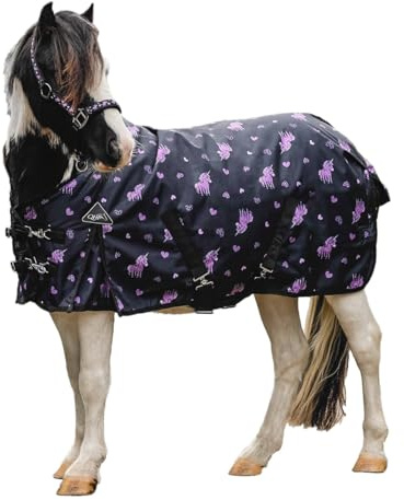 NETPROSHOP Atmungsaktive wasserdichte Regendecke Einhorn mit 100g Füllung Turnout-Stoff Gr. 65-155, Groesse:105, Farbe:Einhorn