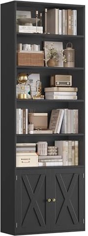 FirFurd 209cm Libreria Estanteria, 5 Compartimientos, Estantería con 2 Puertas, Librería Salón, Estantes Ajustables, Estantería Libros, para Salón, Estudio, Oficina, Negro, 60x23.5x209cm