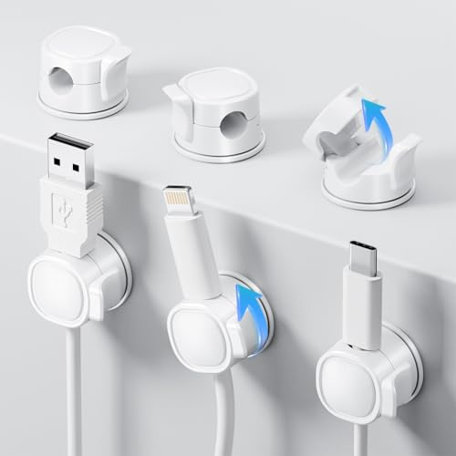 360° Rotatable Spring Cable Holder Clips - 6 Pack Desk Cable Tidy Clips, No-Residue Wire Holder Organiser, Cord Organiser Keeper for Nightstand, Home, Kitchen, Office, Wall, Car - White (7.5mm)