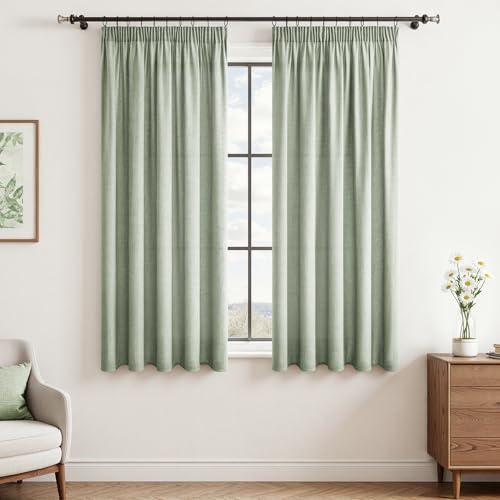 CUTEWIND Vorhang mit Kräuselband Leinen Gardinen Grün Kurz Fenster 2er Set 145 cm Hoch 140 cm Breit, Vorhang Halbtransparente Gardinen für Fenster Kurz Küche Wohnzimmer Schlafzimmer