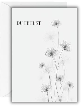WBdesignz Beileidskarte „Du fehlst“ mit weißem Umschlag – hochwertige Trauerkarte mit Pusteblumenmotiv – Anteilnahme, Beerdigung, Liebe & Erinnerung – für Angehörige, Kollegen & Freunde (DIN A6)
