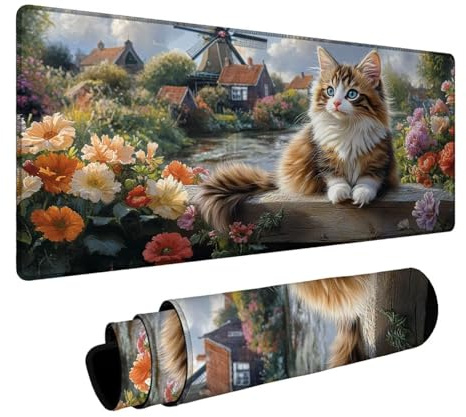 Tapis de Souris Chat Tapis de Souris Gamer Paysage Mouse Pad Bords cousus Précision et Vitesse Améliorées pour Decoration Maison Bureau Pc Portable Pc Gamer Clavier Sans fil 600 x 1400 x 3mm DBYH-0419