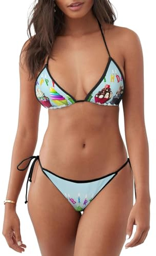 HKHLHLH Colorful Happy Birthday Cupcakes Women's Two Piece Bikini Swimsuit Sexy Triangle Top Bathing Suits String Cheeky Bikini Sets Black