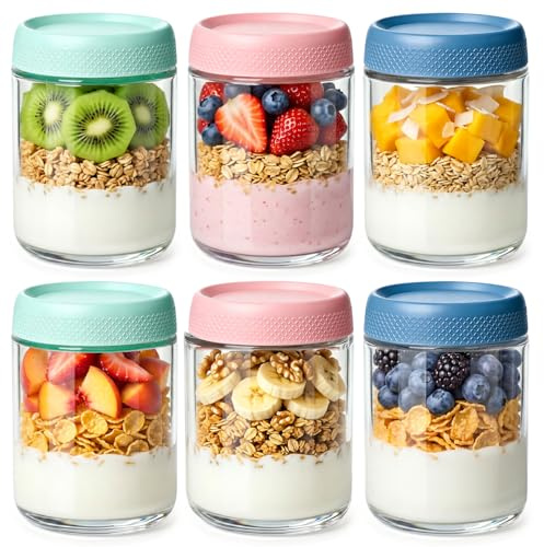 ComSaf Overnight Oats Müslibecher 500ml, Glasbehälter mit Deckel 6er Set | Einmachgläser 6er mit Schraubdeckel für Joghurt, Porridge, Müsli; auslaufsicher und spülmaschinenfest.