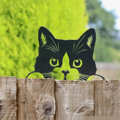Betley Butterfly Clôture de chat Peeking - Silhouette en métal noir - 12,6 x 25,6 cm - Décoration murale de jardin - Cadeau pour les amoureux des chats