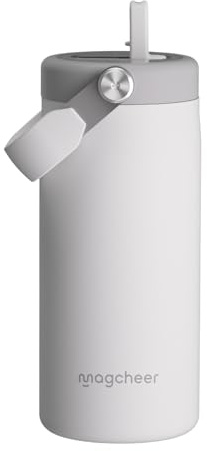 magcheer Borraccia isolata in ceramica foderata con cannuccia, in acciaio inox con manico, a tenuta stagna e priva di BPA, adatta per portabicchieri, ideale per ufficio, scuola, viaggi, colore bianco