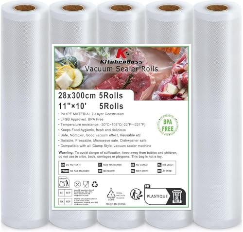 KitchenBoss 5Packs Vacuum Sealer Bags: 28cm x 300cm 5 Rolls Food Storage Saver Bags | BPA Free Vac Freezer Roll, Vacuum Seal Machine Bag for Sous Vide Cooking,Total 15M