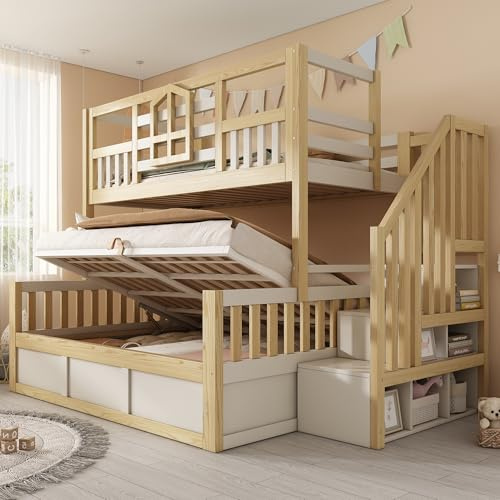 Ktipm Litera de 90(140) x200 cm con Almacenamiento Hidráulico y Escalera Almacenaje, Litera Infantil con Ventana y Barandilla Anticaída, Cama Infantil Literas, Sin Colchón, Blanco+Roble Claro