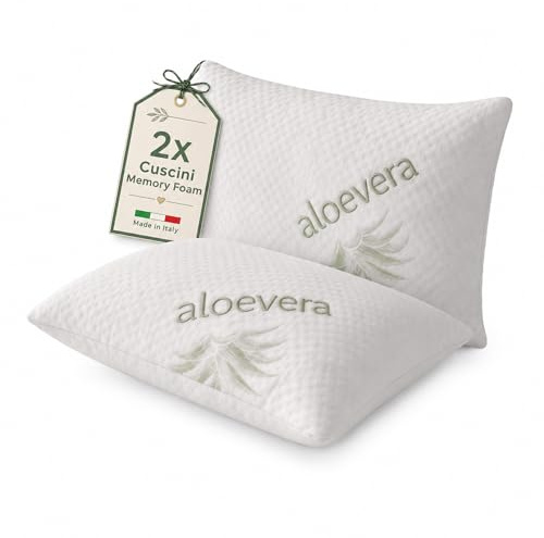 Materassi Russo Coppia Cuscini Memory Foam 40x70 cm, Altezza 11 cm, Guanciali Letto Modello Saponetta Medio Morbidi con Fodera Aloe Vera Sfoderabile, Made in Italy