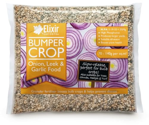 Elixir Gardens Bumper Crop Onion, Leek & Garlic Food | 500g-25kg Weights Available in Bags & Tubs | Bulb Root Fertiliser & Plant Feed | 500g Bag | Treats over 7sqm