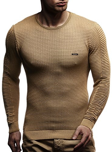 Leif Nelson Maglione Uomo Girocollo Felpa a Maglia LN-1545 Scuro Beige Small