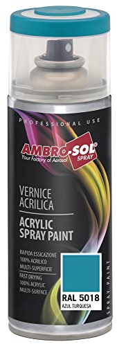 Ambro-Sol V4005018 Smalto Acrilico Multiuso, Vernice Brillante per Interni ed Esterni, Adatto per Qualsiasi Tipo di Materiale, Bomboletta Spray in Banda Stagnata Riciclabile 400 ml, Blu Turchese