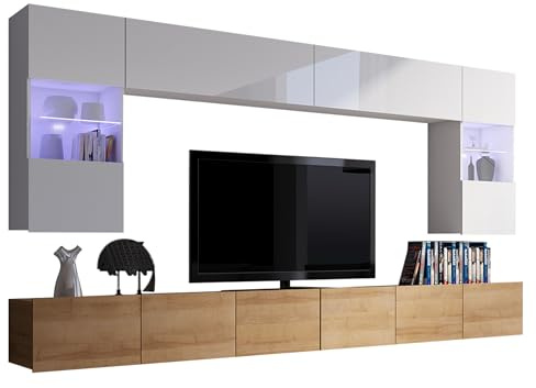 Mirjan24 Moderne Wohnwand Calabrini I, Anbauwand, Mediawand, Hängevitrine, TV Lowboard, Wandregal, Wohnzimmerschrank, Fernsehschrank (mit Blauer LED Beleuchtung, Eiche Gold/Weiß + Weiß Hochglanz)